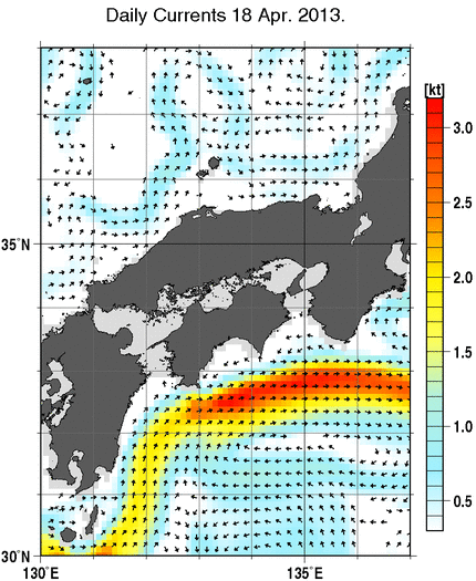 近畿・中国・四国周辺海域の深さ50mの海流分布図（4月18日）