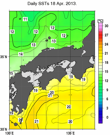 近畿・中国・四国周辺海域の海面水温分布図（4月18日）