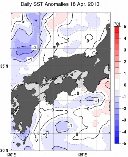 近畿・中国・四国周辺海域の海面水温偏差分布図（4月18日）