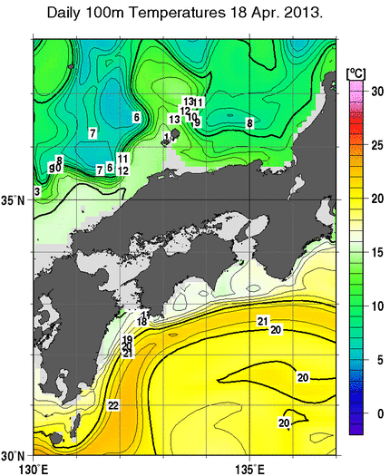 近畿・中国・四国周辺海域の深さ100mの水温分布図（4月18日）