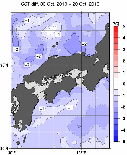近畿・中国・四国周辺海域の10日間の海面水温変化量分布図（10月30日）