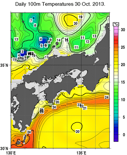 近畿・中国・四国周辺海域の深さ100mの水温分布図（10月30日）