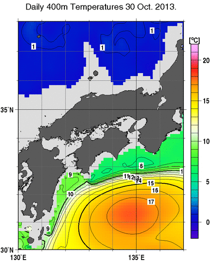 近畿・中国・四国周辺海域の深さ400mの水温分布図（10月30日）