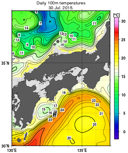 近畿・中国・四国周辺海域の深さ100mの水温分布図（7月30日）