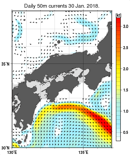 近畿・中国・四国周辺海域の深さ50mの海流分布図（1月30日）