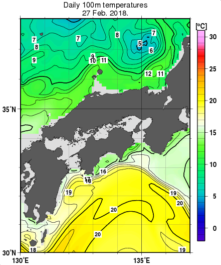 近畿・中国・四国周辺海域の深さ100mの水温分布図（2月27日）