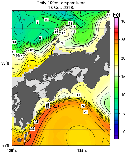 近畿・中国・四国周辺海域の深さ100mの水温分布図（10月18日）