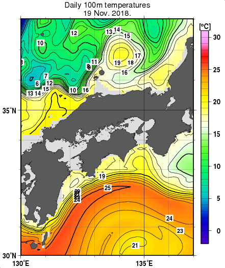 近畿・中国・四国周辺海域の深さ100mの水温分布図（11月19日）