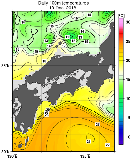 近畿・中国・四国周辺海域の深さ100mの水温分布図（12月19日）