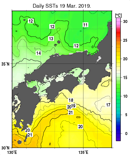 近畿・中国・四国周辺海域の海面水温分布図（3月19日）