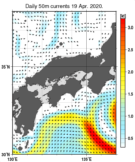近畿・中国・四国周辺海域の深さ50mの海流分布図（4月19日）