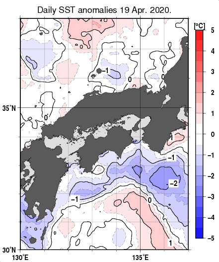 近畿・中国・四国周辺海域の海面水温平年差分布図（4月19日）