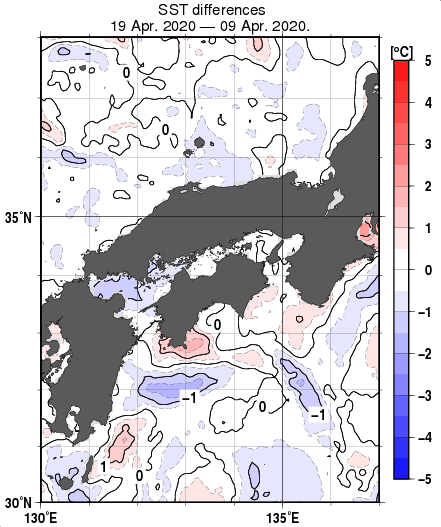 近畿・中国・四国周辺海域の10日間の海面水温変化量分布図（4月19日）