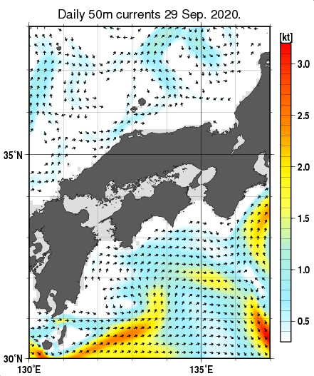 近畿・中国・四国周辺海域の深さ50mの海流分布図（9月29日）