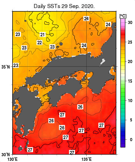 近畿・中国・四国周辺海域の海面水温分布図（9月29日）