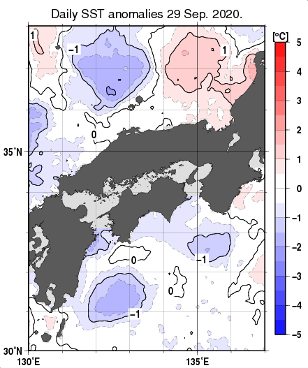 近畿・中国・四国周辺海域の海面水温平年差分布図（9月29日）