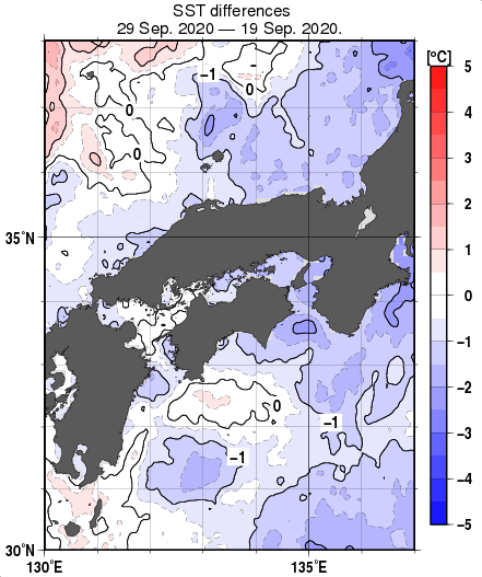 近畿・中国・四国周辺海域の10日間の海面水温変化量分布図（9月29日）