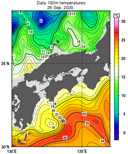 近畿・中国・四国周辺海域の深さ100mの水温分布図（9月29日）