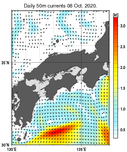 近畿・中国・四国周辺海域の深さ50mの海流分布図（10月8日）