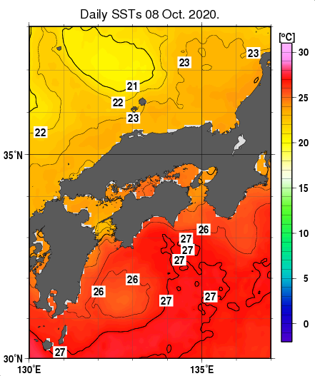 近畿・中国・四国周辺海域の海面水温分布図（10月8日）