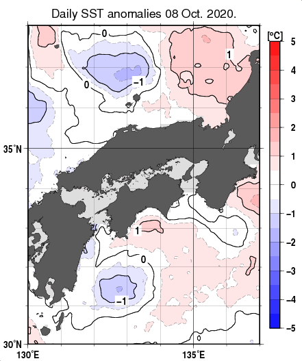 近畿・中国・四国周辺海域の海面水温平年差分布図（10月8日）