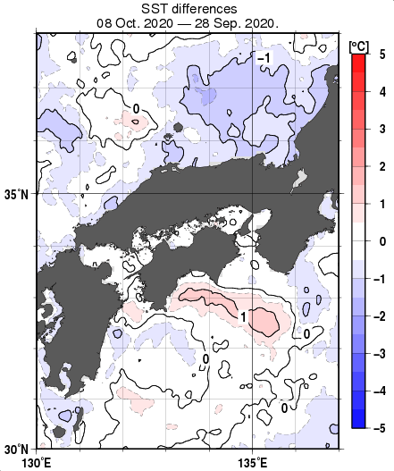 近畿・中国・四国周辺海域の10日間の海面水温変化量分布図（10月8日）