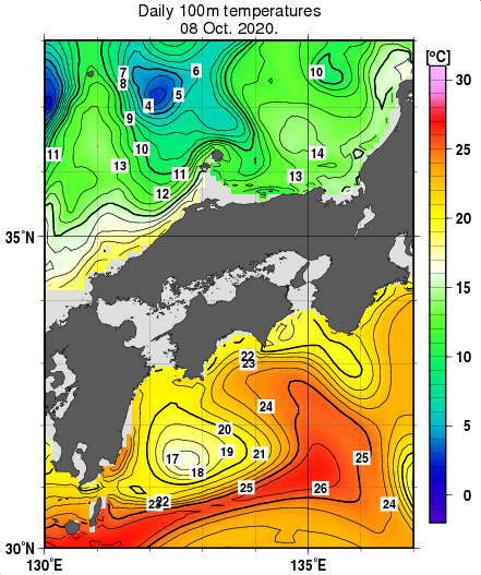 近畿・中国・四国周辺海域の深さ100mの水温分布図（10月8日）