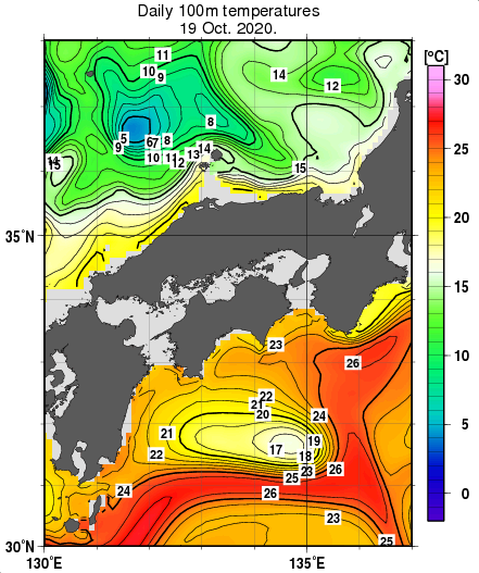 近畿・中国・四国周辺海域の深さ100mの水温分布図（10月19日）