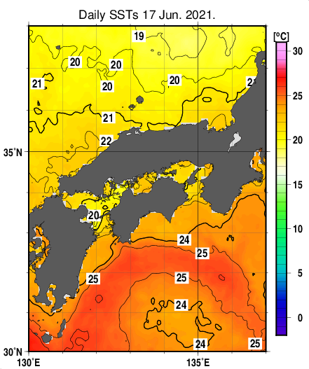 近畿・中国・四国周辺海域の海面水温分布図（6月17日）