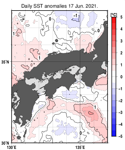 近畿・中国・四国周辺海域の海面水温平年差分布図（6月17日）