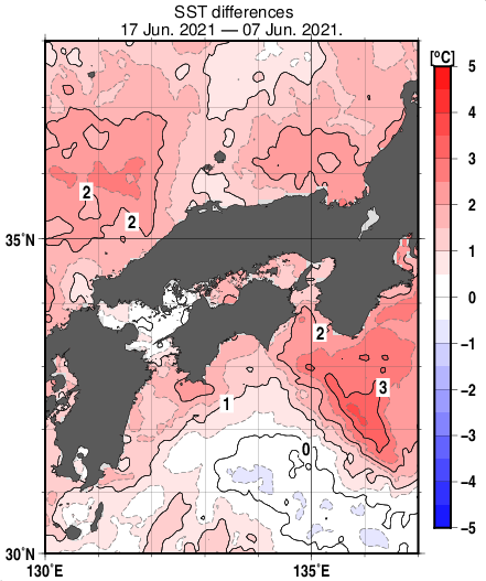 近畿・中国・四国周辺海域の10日間の海面水温変化量分布図（6月17日）