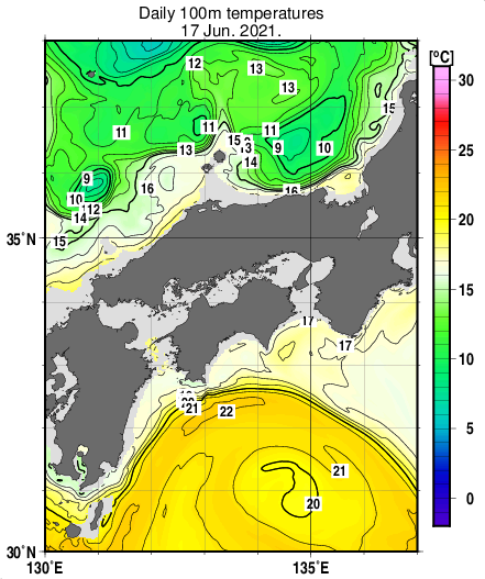 近畿・中国・四国周辺海域の深さ100mの水温分布図（6月17日）