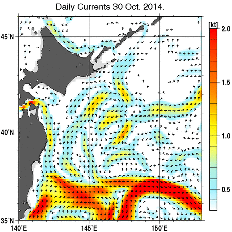 本州・北海道東方海域の深さ50mの海流分布図  (10月30日) 