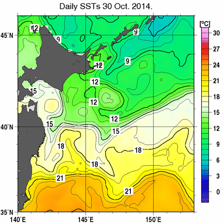 本州・北海道東方海域の海面水温分布図 (10月30日)