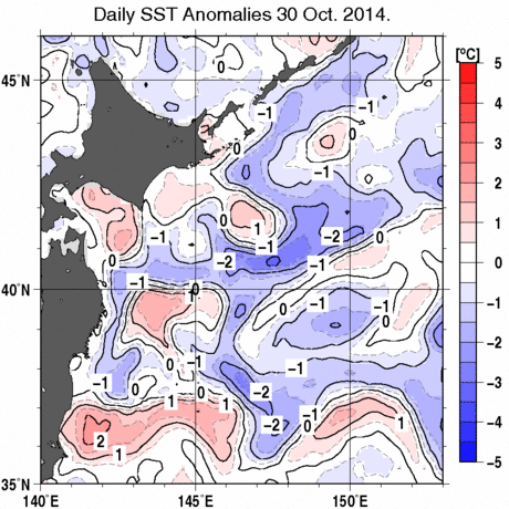 本州・北海道東方海域の海面水温平年差分布図  (10月30日) 