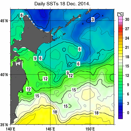 本州・北海道東方海域の海面水温分布図 (12月18日)
