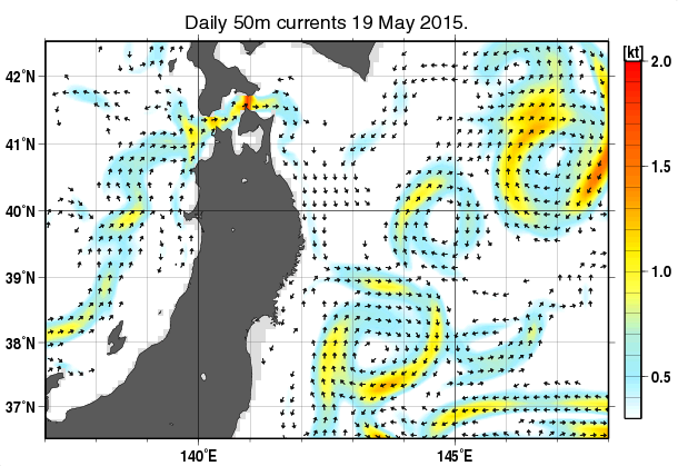 東北周辺海域の深さ50mの海流分布図（5月19日）