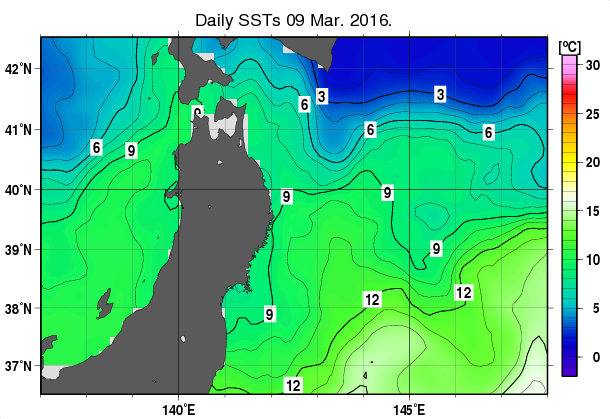 東北周辺海域の海面水温分布図（3月9日）