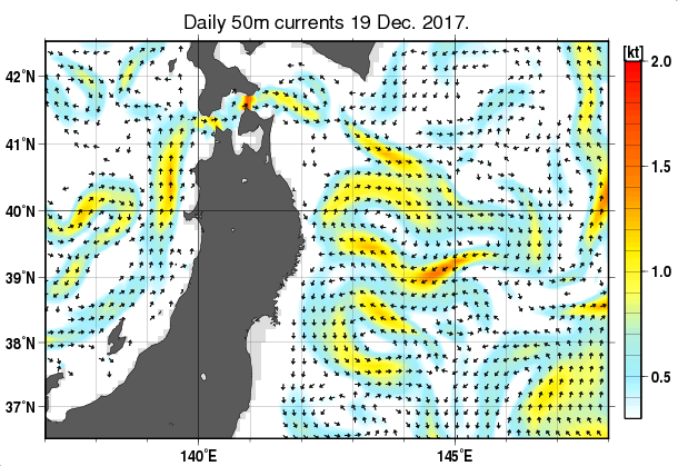 東北周辺海域の深さ50mの海流分布図（12月19日）