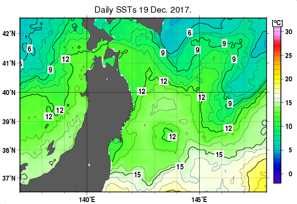 東北周辺海域の海面水温分布図（12月19日）