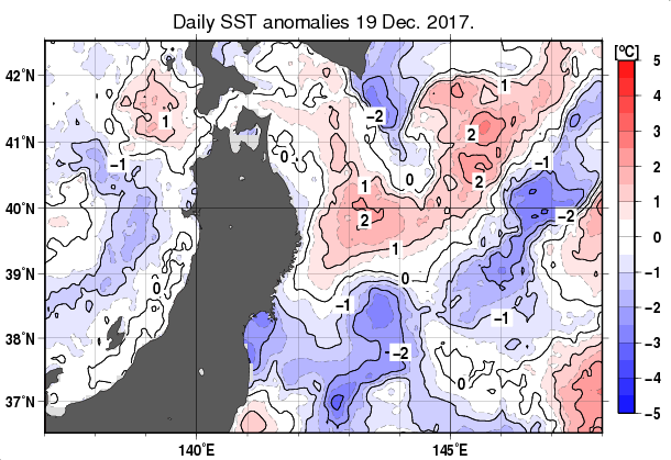 東北周辺海域の海面水温平年差分布図（12月19日）