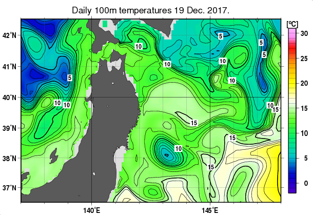 東北周辺海域の深さ100mの水温分布図（12月19日）