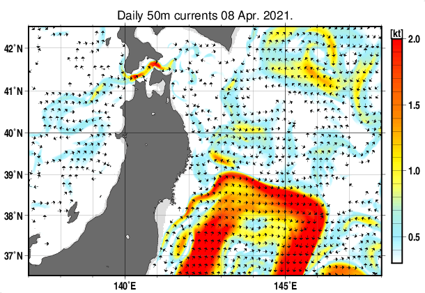 東北周辺海域の深さ50mの海流分布図（4月8日）