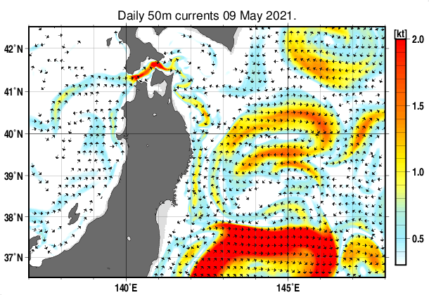 東北周辺海域の深さ50mの海流分布図（5月9日）