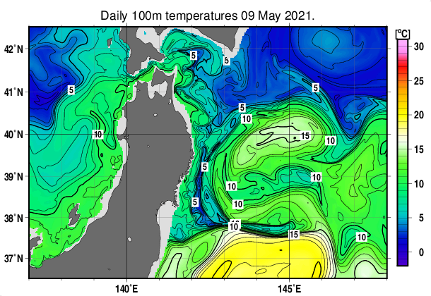 東北周辺海域の深さ100mの水温分布図（5月9日）