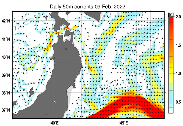 東北周辺海域の深さ50mの海流分布図（2月9日）