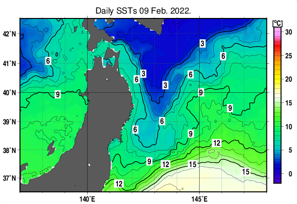 東北周辺海域の海面水温分布図（2月9日）