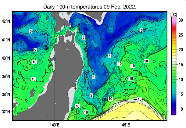 東北周辺海域の深さ100mの水温分布図（2月9日）