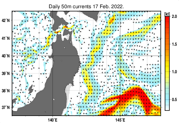 東北周辺海域の深さ50mの海流分布図（2月17日）