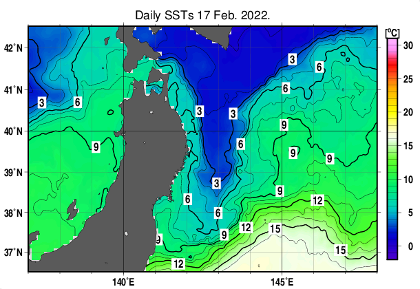 東北周辺海域の海面水温分布図（2月17日）